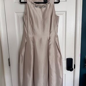 Tahari ASL Elegant Cream Midi Dress with Embellished Neckline